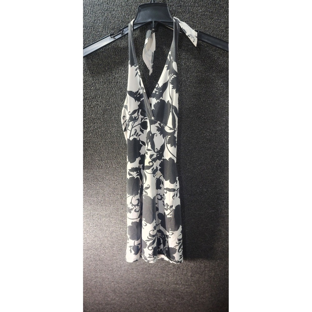 Vanity Halter Mini Dress Black White Floral Damask Sleeveless Open Back Stretchy